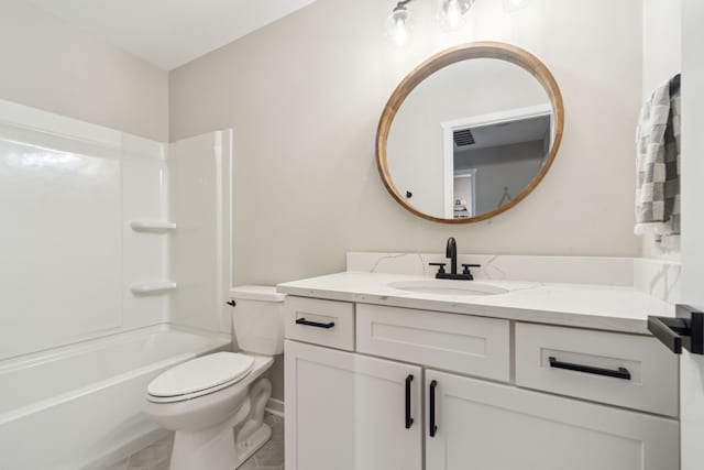 full bathroom featuring shower / bathing tub combination, vanity, toilet, and tile patterned flooring