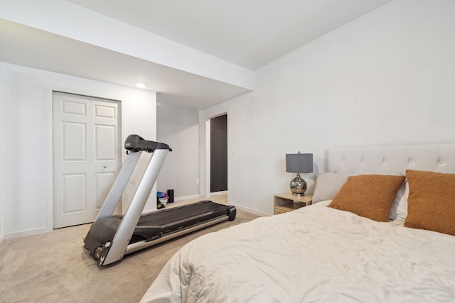 bedroom featuring light colored carpet and a closet