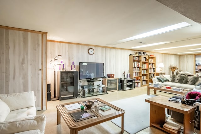 living room featuring wooden walls