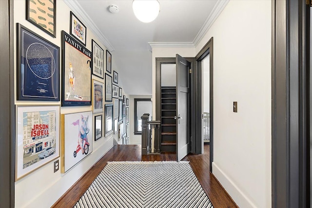 corridor featuring ornamental molding and dark wood-type flooring