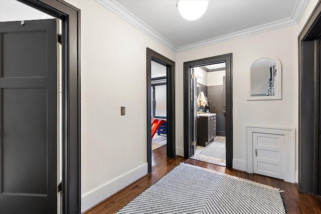 hall featuring dark hardwood / wood-style flooring and crown molding