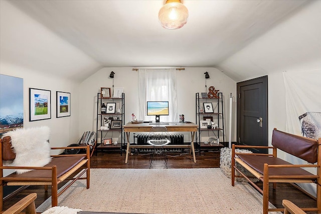 home office with vaulted ceiling