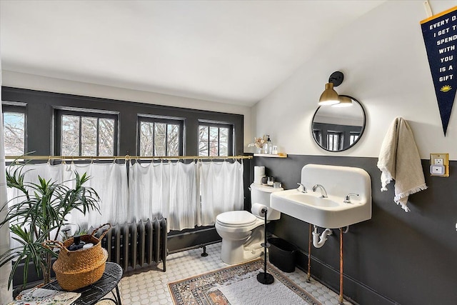 bathroom featuring sink, a wealth of natural light, lofted ceiling, and radiator