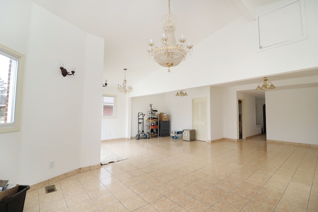 unfurnished room with beamed ceiling, light tile patterned floors, high vaulted ceiling, and an inviting chandelier