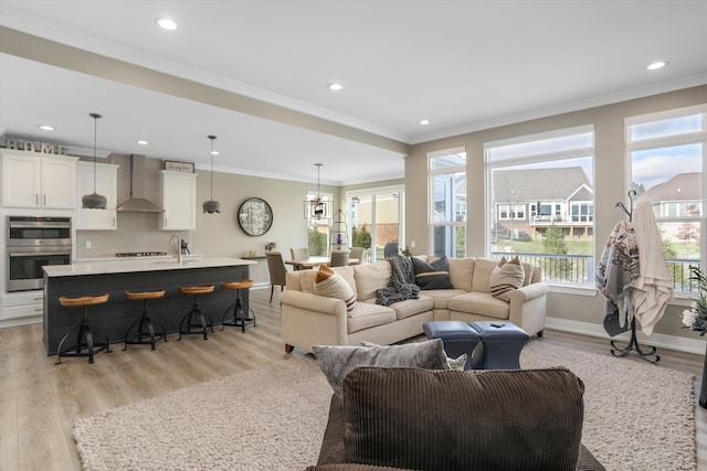 living room featuring light hardwood / wood-style floors, crown molding, and sink