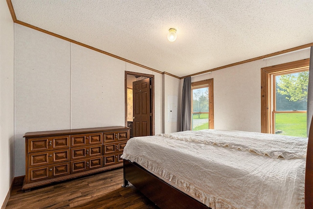 bedroom featuring a textured ceiling, multiple windows, dark hardwood / wood-style flooring, and vaulted ceiling