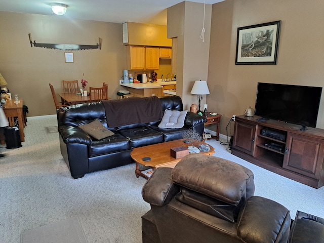 living room with carpet floors and sink