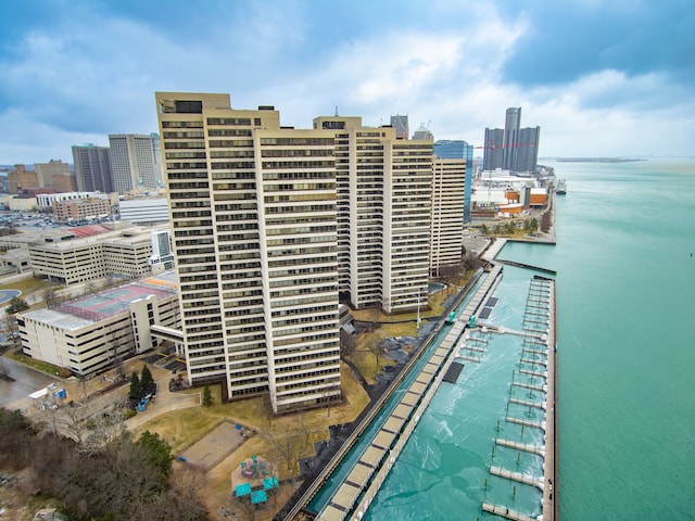 drone / aerial view with a water view