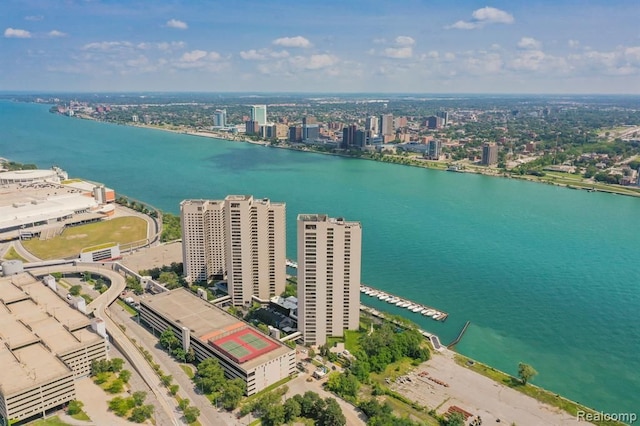 birds eye view of property featuring a water view