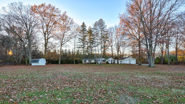 view of yard featuring a storage shed and an outbuilding