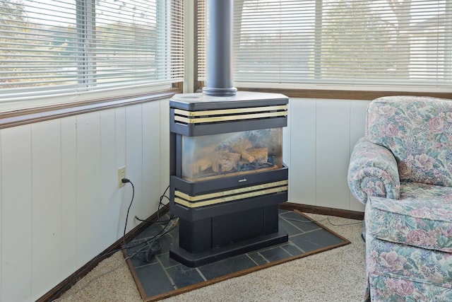 details with a wood stove and speckled floor