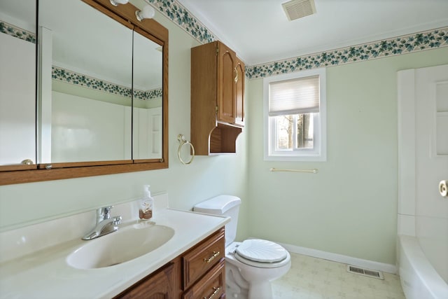 full bathroom featuring visible vents, vanity, toilet, and tile patterned floors