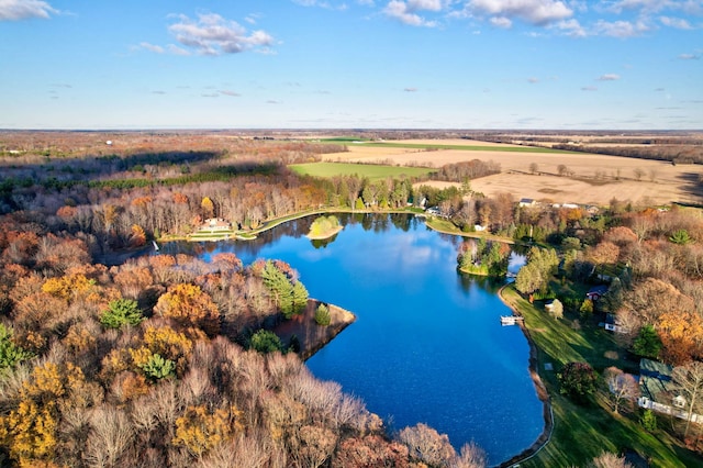 drone / aerial view with a water view and a rural view