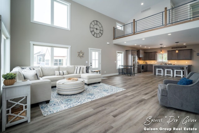 living room featuring a towering ceiling and hardwood / wood-style flooring