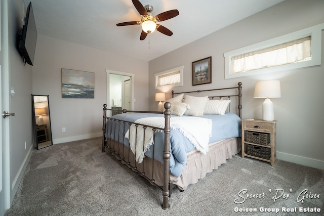 bedroom with ceiling fan and carpet floors