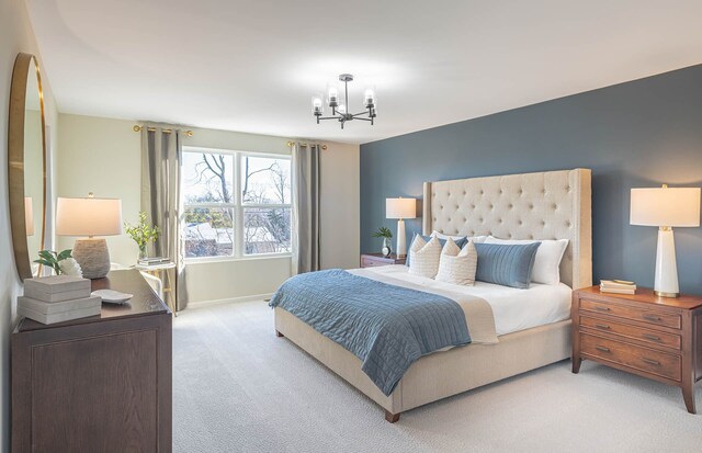 bedroom with light carpet and a chandelier