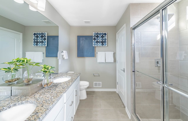 bathroom with tile patterned floors, vanity, toilet, and walk in shower