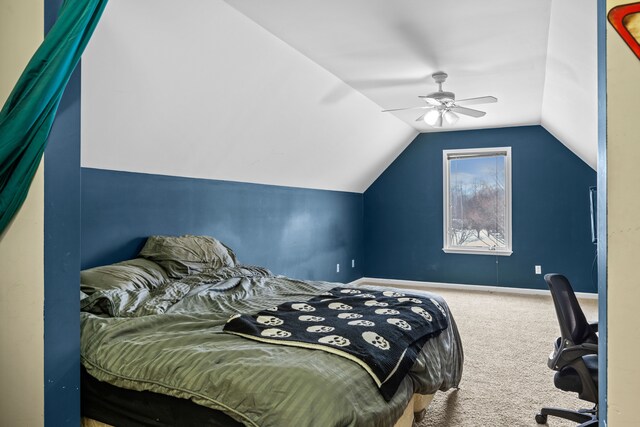 3700 Marie Meadows Dr, White Lake, MI 48383 - bedroom featuring carpet, vaulted ceiling, a ceiling fan, an office area, and baseboards