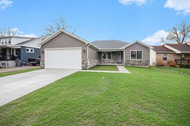 ranch-style house with a front yard and a garage