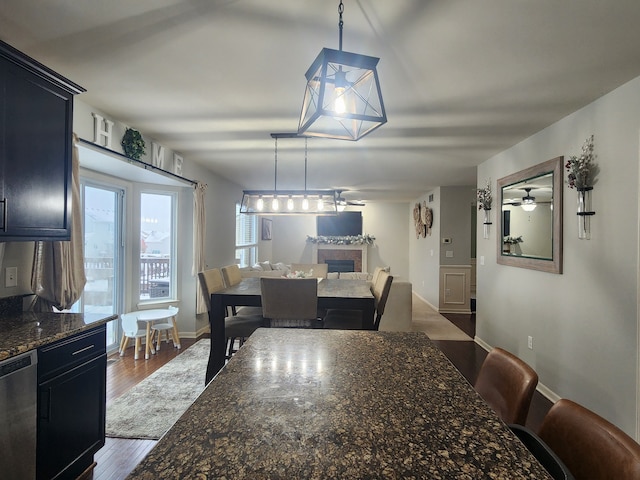 dining room with ceiling fan and dark hardwood / wood-style floors