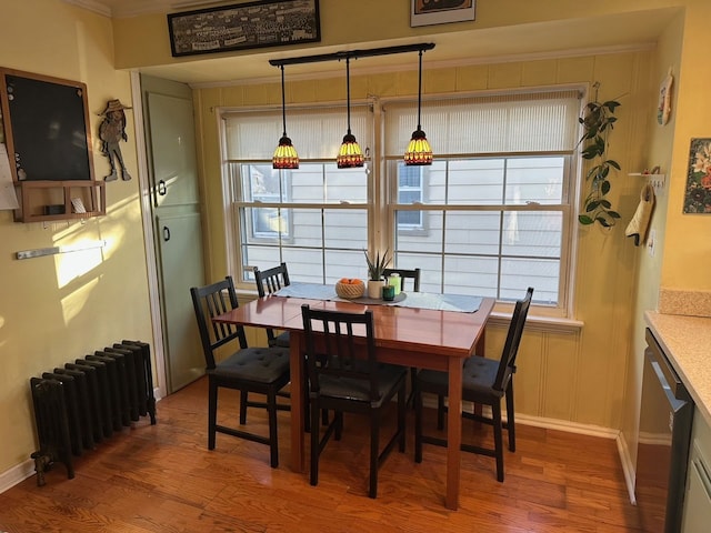 dining area with hardwood / wood-style floors, radiator heating unit, and a healthy amount of sunlight