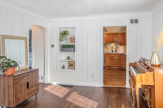 interior space featuring a textured ceiling, dark hardwood / wood-style flooring, and sink