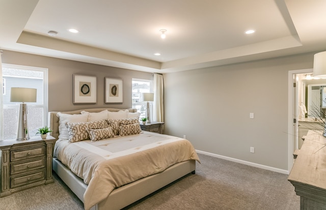 carpeted bedroom featuring a raised ceiling