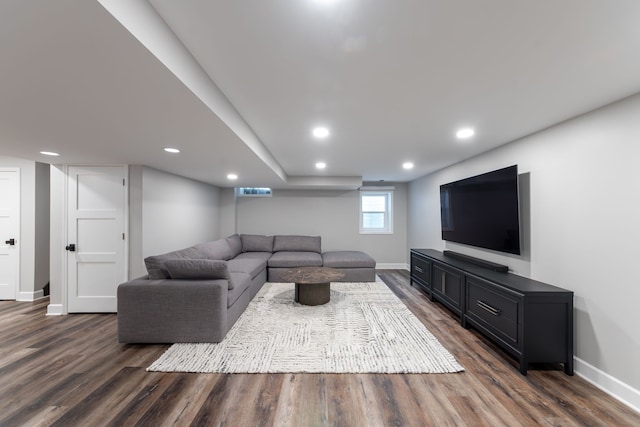 living room with dark hardwood / wood-style floors