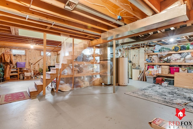 basement with heating unit and water heater