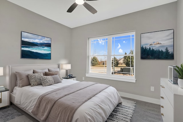 bedroom with ceiling fan and carpet