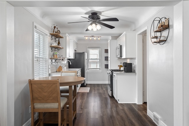 kitchen with white cabinetry, tasteful backsplash, appliances with stainless steel finishes, dark hardwood / wood-style floors, and ceiling fan