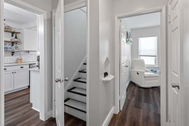 stairway with hardwood / wood-style floors