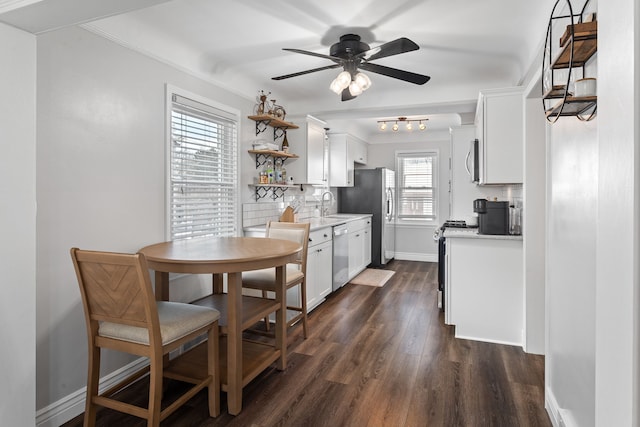 kitchen with appliances with stainless steel finishes, tasteful backsplash, white cabinetry, sink, and dark hardwood / wood-style flooring