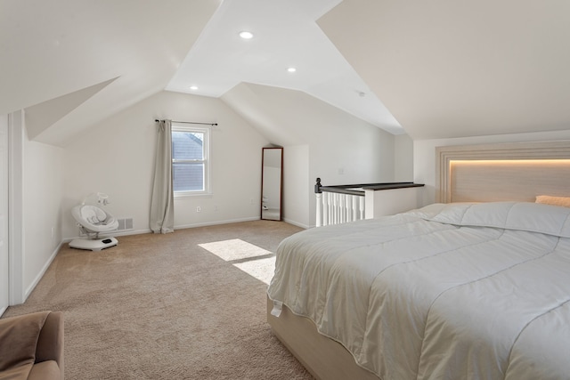 carpeted bedroom featuring vaulted ceiling