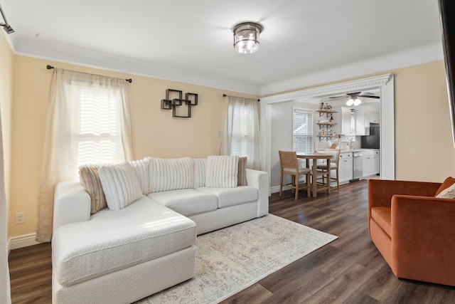 living room with dark wood-type flooring and crown molding