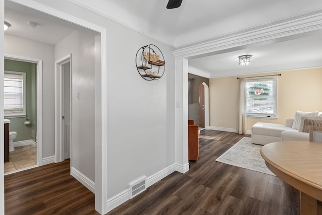 hallway featuring ornamental molding and dark hardwood / wood-style floors