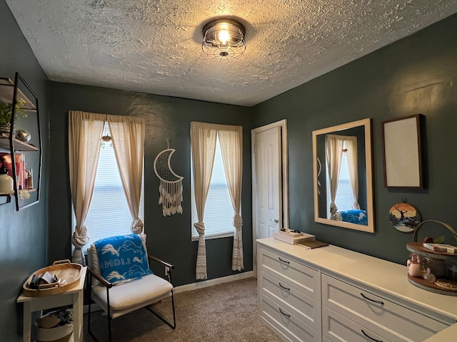 sitting room featuring a textured ceiling and light carpet