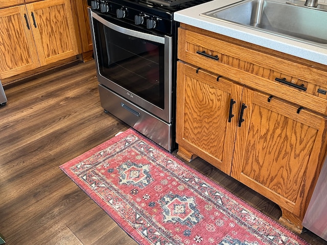 interior details with sink, dark hardwood / wood-style floors, and stainless steel range oven