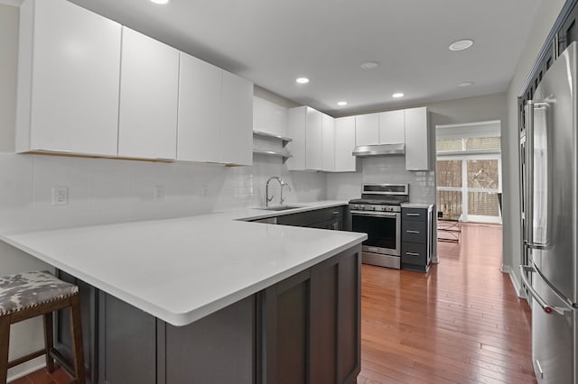 kitchen with sink, kitchen peninsula, a breakfast bar area, white cabinets, and appliances with stainless steel finishes