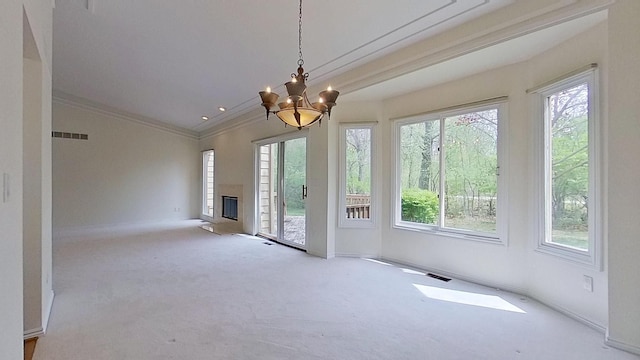 5059 Pheasant Cv, West Bloomfield, MI 48323 - unfurnished living room with crown molding, carpet, plenty of natural light, and visible vents