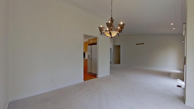 5059 Pheasant Cv, West Bloomfield, MI 48323 - unfurnished room featuring baseboards, visible vents, a chandelier, crown molding, and light colored carpet