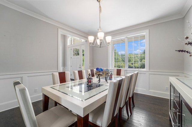 dining room featuring crown molding, dark wood-type flooring, and an inviting chandelier