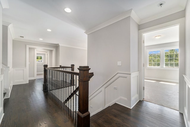 hallway featuring ornamental molding and dark wood-type flooring