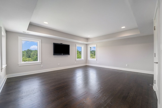 spare room featuring a raised ceiling and dark wood-type flooring