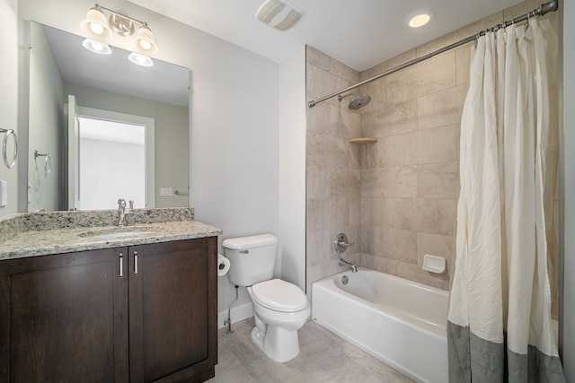 full bathroom featuring vanity, toilet, and shower / bathtub combination with curtain