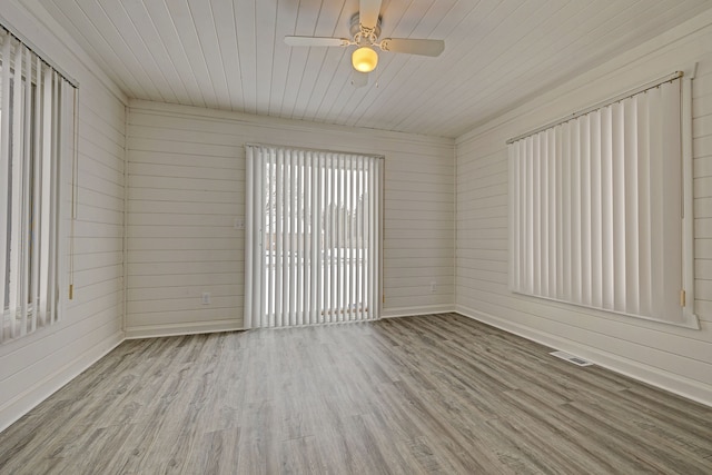 empty room with ceiling fan, wood walls, light wood-type flooring, and wooden ceiling