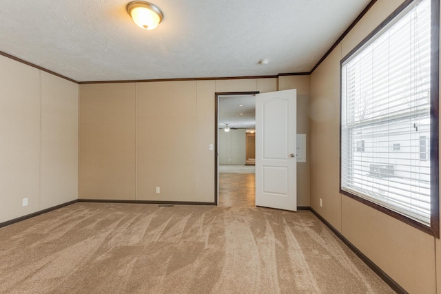 unfurnished room featuring crown molding, baseboards, carpet, and a textured ceiling