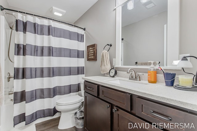 bathroom featuring vanity, wood-type flooring, toilet, and walk in shower