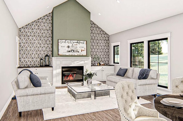 living room with plenty of natural light, high vaulted ceiling, and wood-type flooring