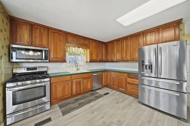 kitchen featuring backsplash, sink, stainless steel appliances, and light hardwood / wood-style flooring